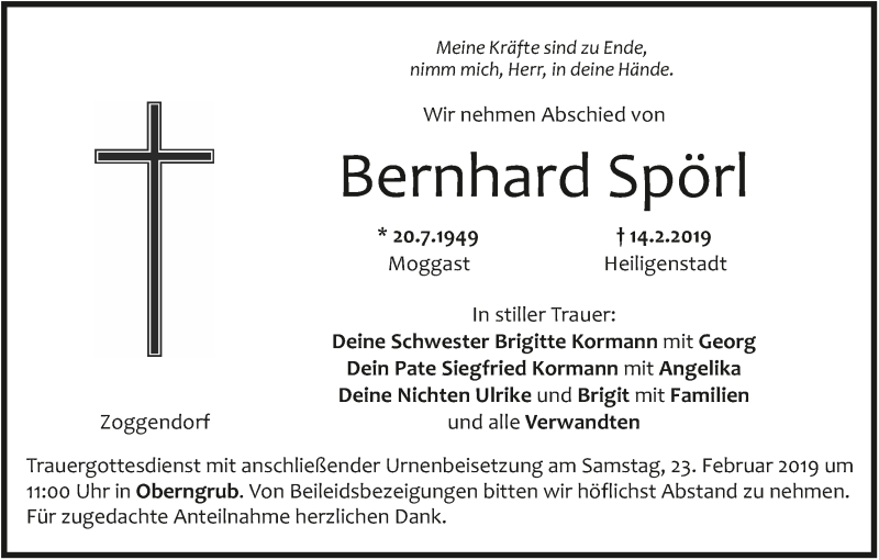  Traueranzeige für Bernhard Spörl vom 22.02.2019 aus MGO