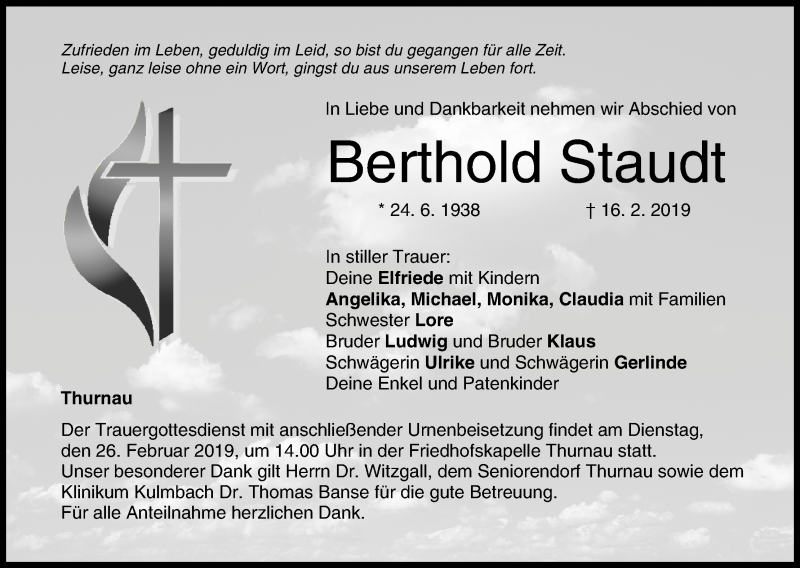  Traueranzeige für Berthold Staudt vom 25.02.2019 aus MGO