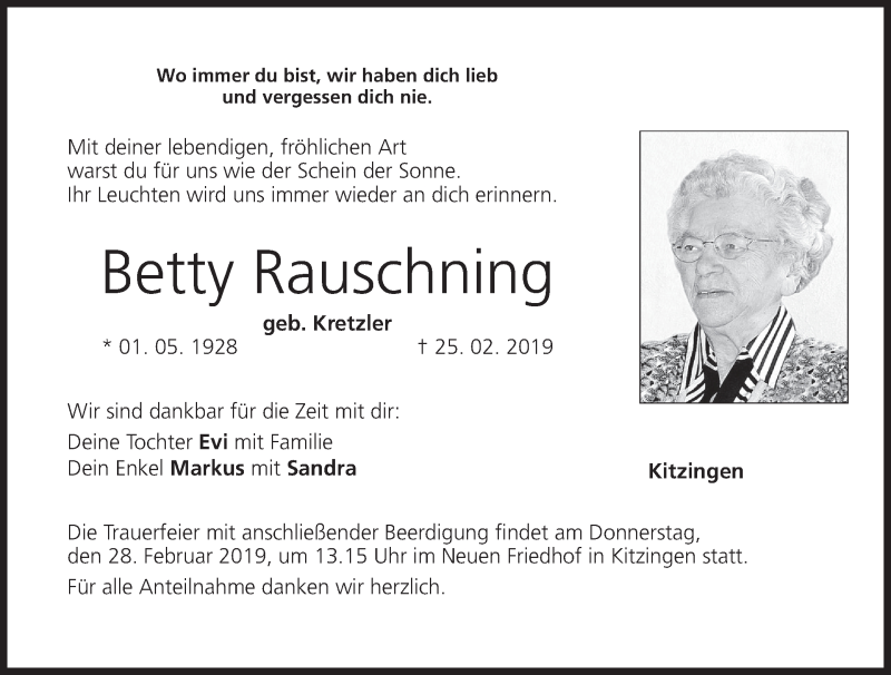  Traueranzeige für Betty Rauschning vom 26.02.2019 aus MGO