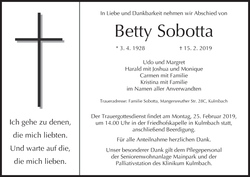  Traueranzeige für Betty Sobotta vom 22.02.2019 aus MGO