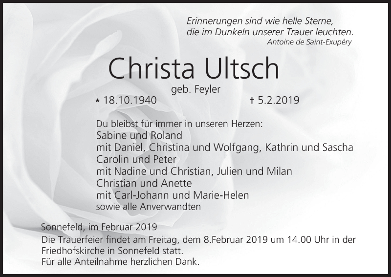  Traueranzeige für Christa Ultsch vom 07.02.2019 aus MGO