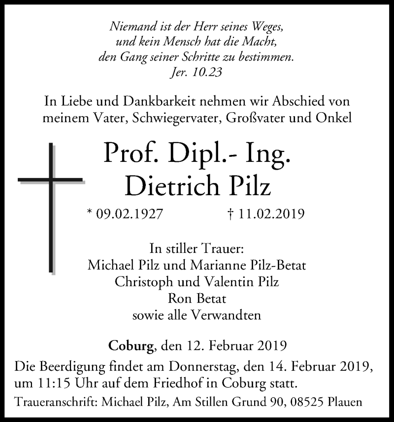  Traueranzeige für Dietrich Pilz vom 12.02.2019 aus MGO