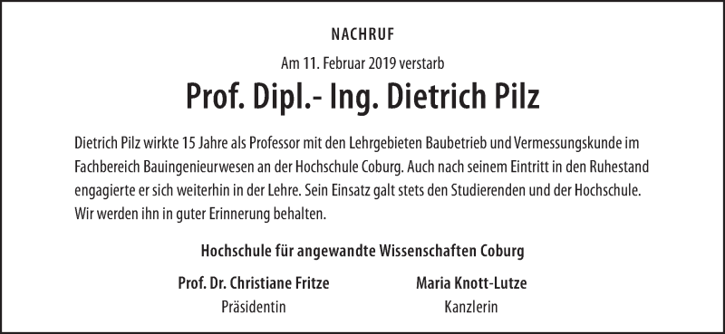  Traueranzeige für Dietrich Pilz vom 16.02.2019 aus MGO
