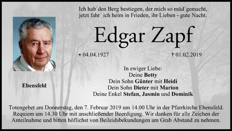  Traueranzeige für Edgar Zapf vom 05.02.2019 aus MGO