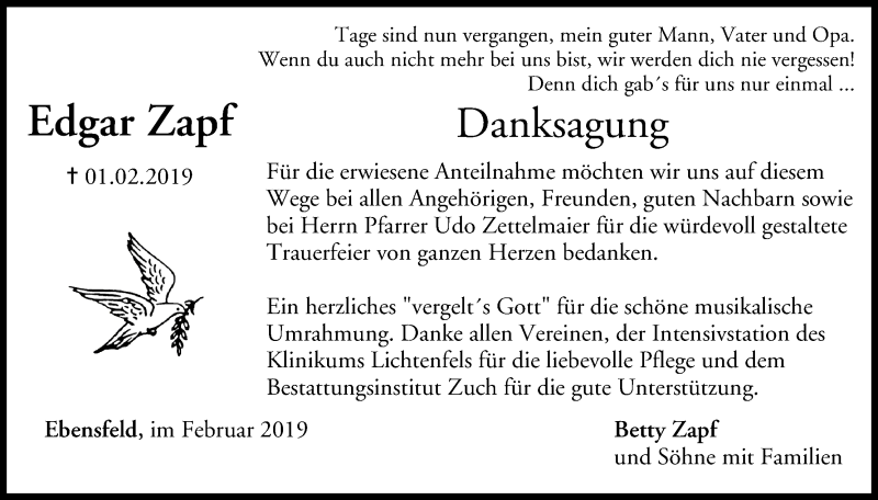  Traueranzeige für Edgar Zapf vom 23.02.2019 aus MGO
