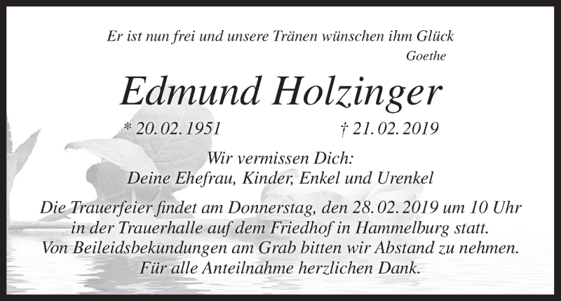  Traueranzeige für Edmund Holzinger vom 23.02.2019 aus MGO