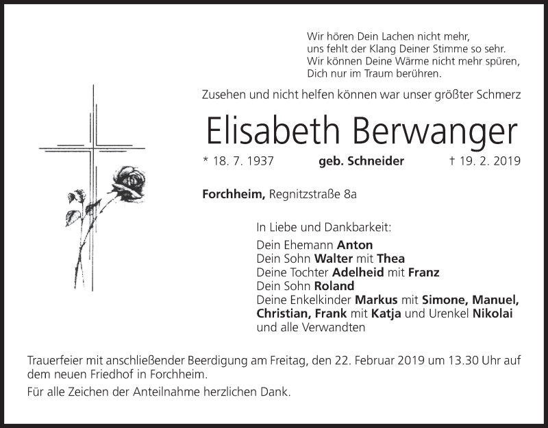  Traueranzeige für Elisabeth Berwanger vom 20.02.2019 aus MGO