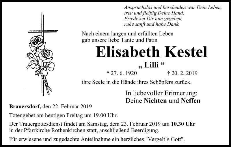  Traueranzeige für Elisabeth Kestel vom 22.02.2019 aus MGO
