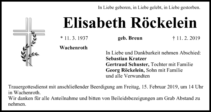  Traueranzeige für Elisabeth Röckelein vom 13.02.2019 aus MGO