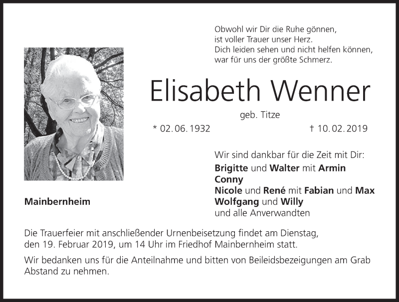  Traueranzeige für Elisabeth Wenner vom 14.02.2019 aus MGO