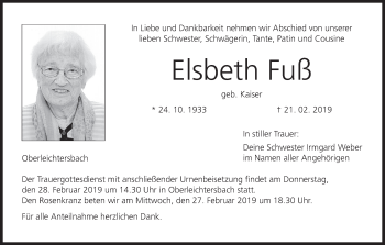 Anzeige von Elsbeth Fuß von MGO