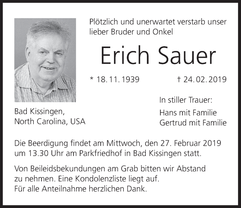  Traueranzeige für Erich Sauer vom 26.02.2019 aus MGO