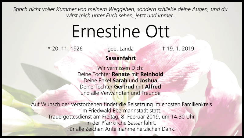  Traueranzeige für Ernestine Ott vom 02.02.2019 aus MGO