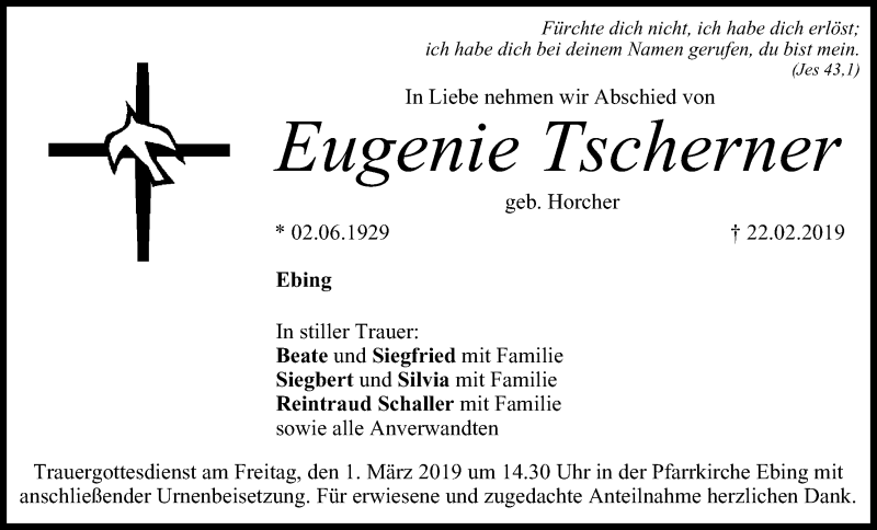  Traueranzeige für Eugenie Tscherner vom 27.02.2019 aus MGO