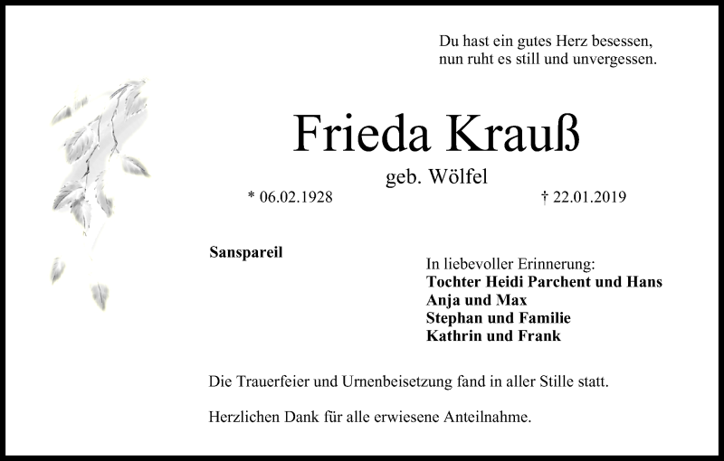 Traueranzeige für Frieda Krauß vom 12.02.2019 aus MGO