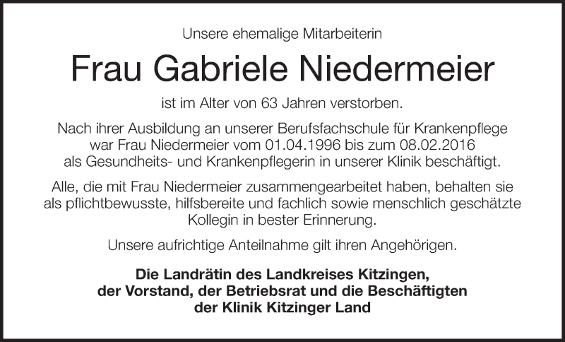  Traueranzeige für Gabriele Niedermeier vom 12.02.2019 aus MGO