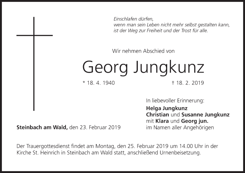  Traueranzeige für Georg Jungkunz vom 23.02.2019 aus MGO