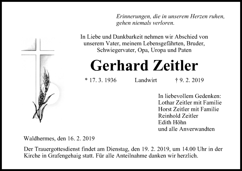  Traueranzeige für Gerhard Zeitler vom 16.02.2019 aus MGO