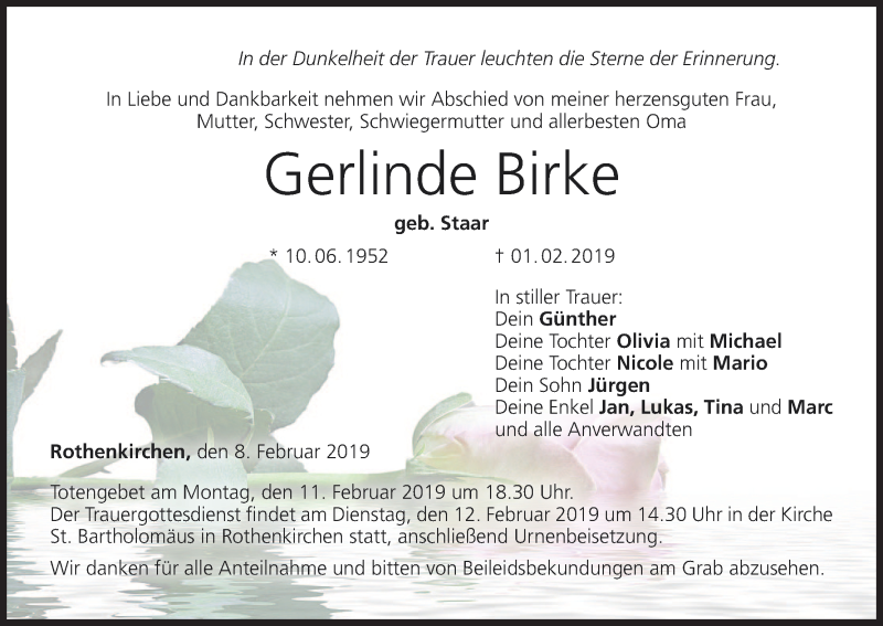  Traueranzeige für Gerlinde Birke vom 08.02.2019 aus MGO