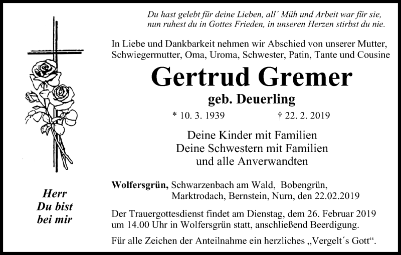  Traueranzeige für Gertrud Gremer vom 25.02.2019 aus MGO