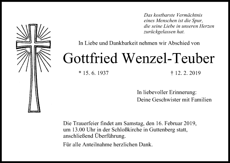  Traueranzeige für Gottfried Wenzel-Teuber vom 15.02.2019 aus MGO