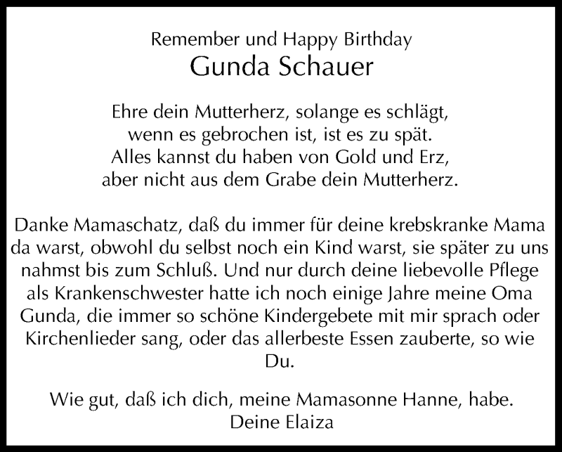  Traueranzeige für Gunda Schauer vom 08.02.2019 aus MGO
