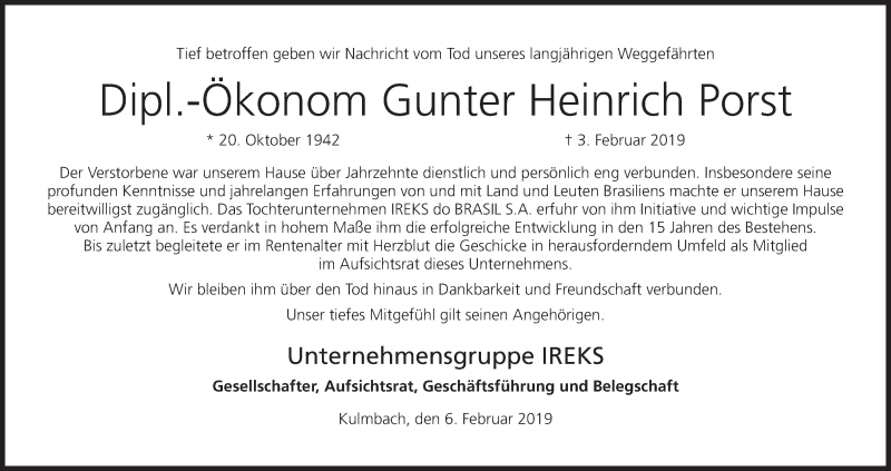 Traueranzeige für Gunter Heinrich Porst vom 06.02.2019 aus MGO