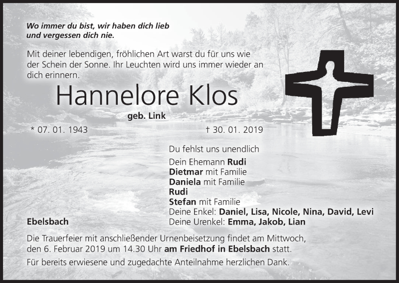  Traueranzeige für Hannelore Klos vom 04.02.2019 aus MGO