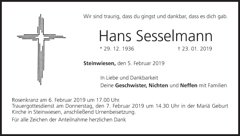  Traueranzeige für Hans Sesselmann vom 05.02.2019 aus MGO