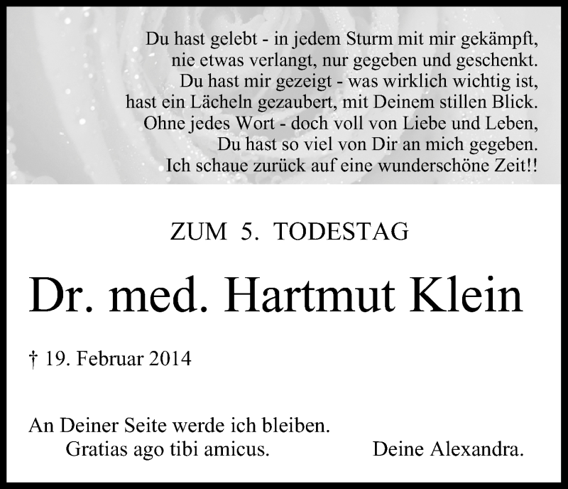  Traueranzeige für Dr. med. Dipl.-Chem. Hartmut Klein vom 19.02.2019 aus MGO