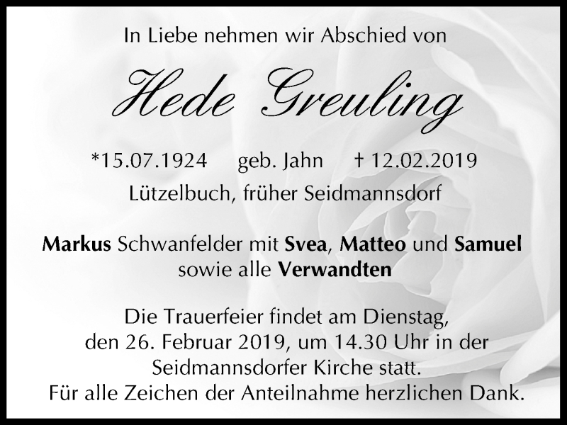 Traueranzeige für Hede Greuling vom 16.02.2019 aus MGO