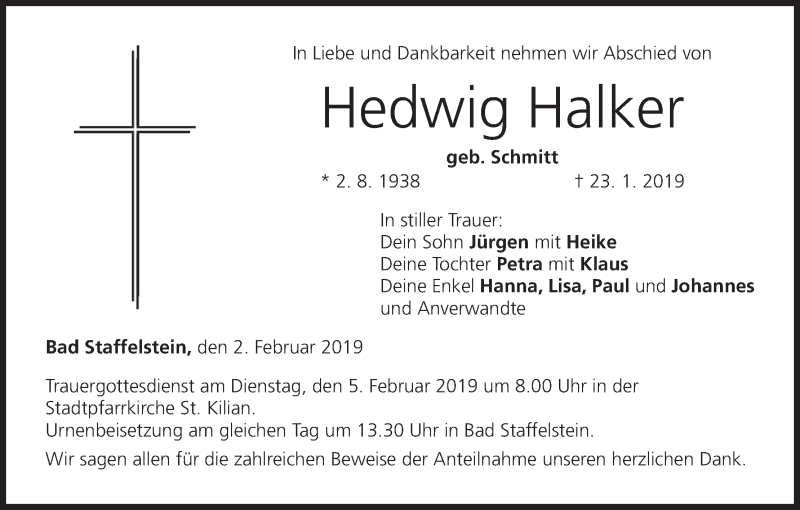  Traueranzeige für Hedwig Halker vom 02.02.2019 aus MGO