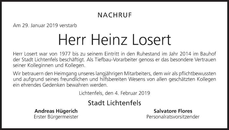  Traueranzeige für Heinz Losert vom 05.02.2019 aus MGO
