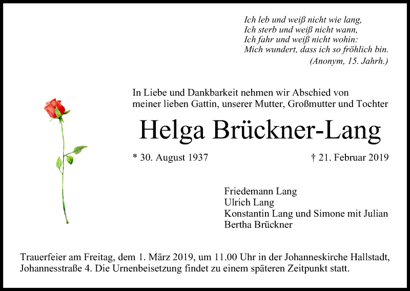  Traueranzeige für Helga Brückner-Lang vom 27.02.2019 aus MGO