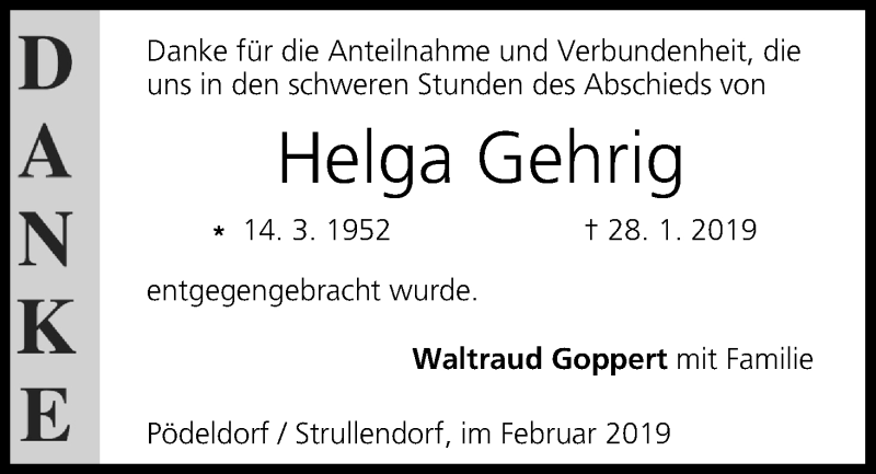  Traueranzeige für Helga Gehrig vom 16.02.2019 aus MGO