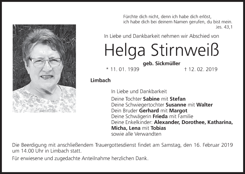  Traueranzeige für Helga Stirnweiß vom 15.02.2019 aus MGO