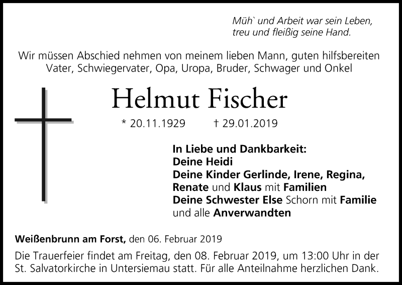  Traueranzeige für Helmut Fischer vom 06.02.2019 aus MGO