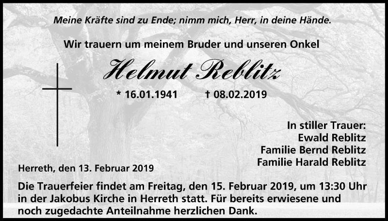  Traueranzeige für Helmut Reblitz vom 13.02.2019 aus MGO