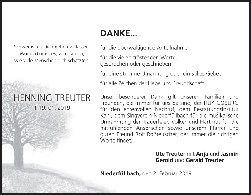  Traueranzeige für Henning Treuter vom 02.02.2019 aus MGO