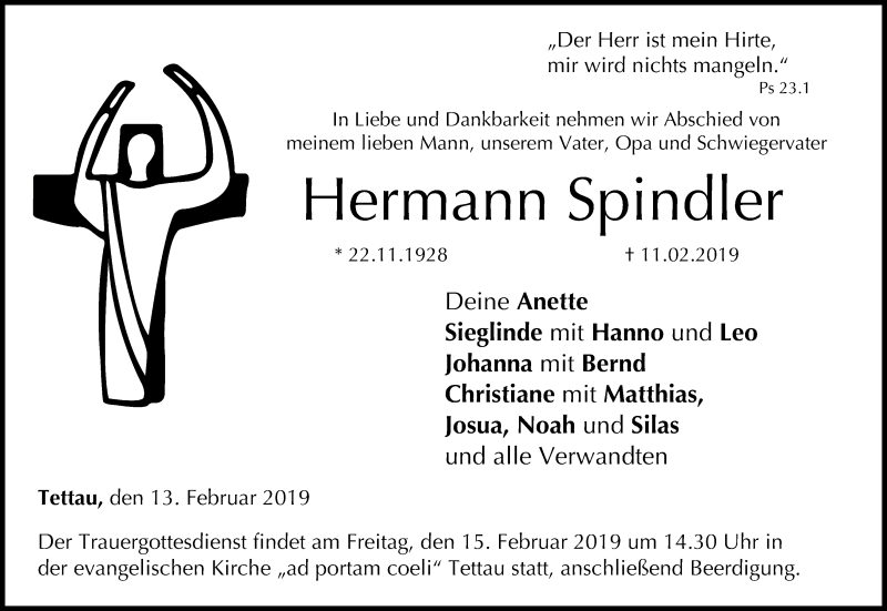  Traueranzeige für Hermann Spindler vom 13.02.2019 aus MGO