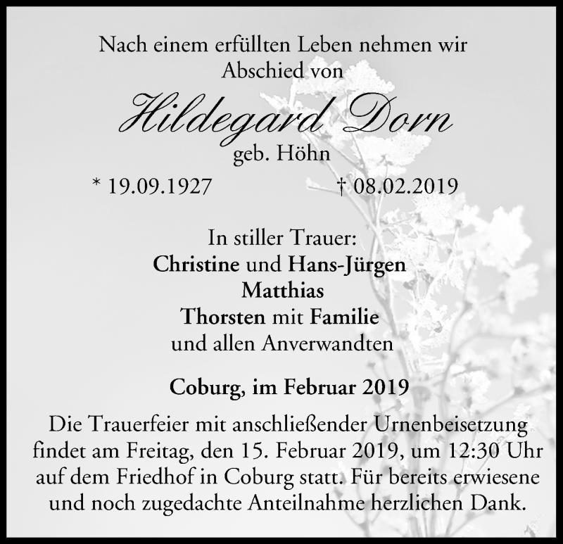  Traueranzeige für Hildegard Dorn vom 13.02.2019 aus MGO