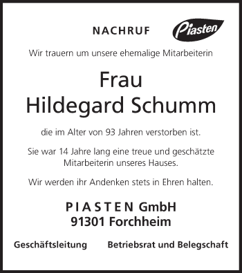 Anzeige von Hildegard Schumm von MGO