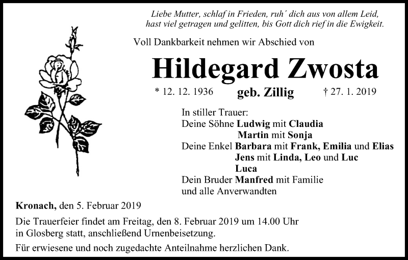  Traueranzeige für Hildegard Zwosta vom 05.02.2019 aus MGO