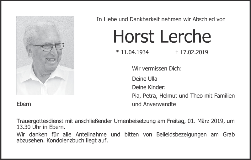  Traueranzeige für Horst Lerche vom 26.02.2019 aus MGO