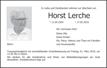 Anzeige von Horst Lerche von MGO