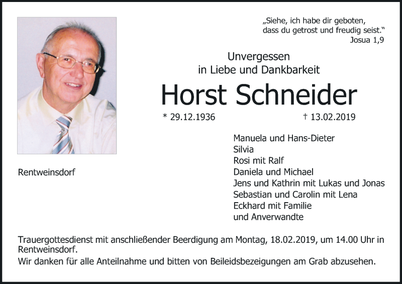 Traueranzeige für Horst Schneider vom 16.02.2019 aus MGO