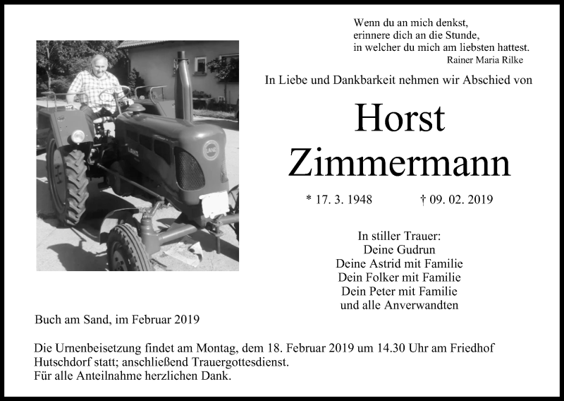  Traueranzeige für Horst Zimmermann vom 15.02.2019 aus MGO