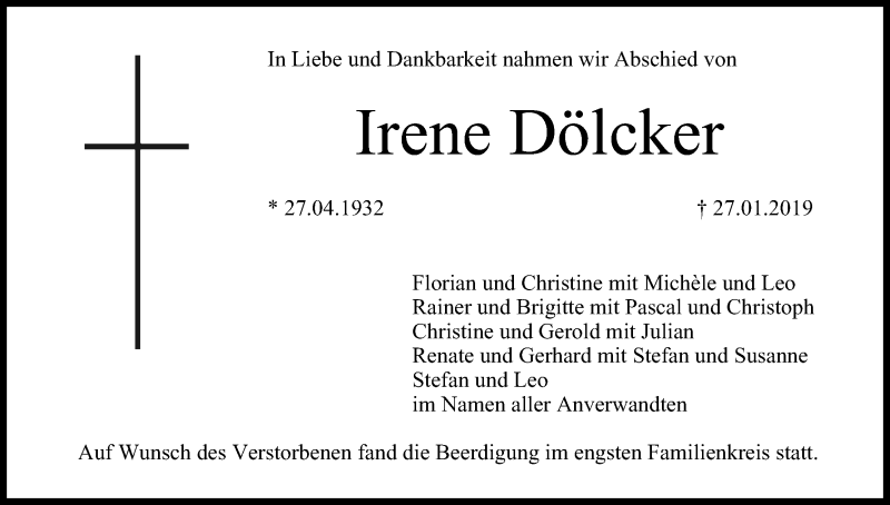  Traueranzeige für Irene Dölcker vom 02.02.2019 aus MGO