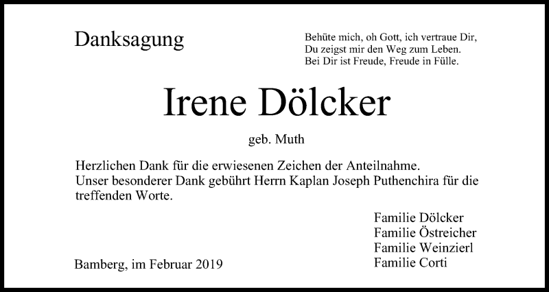  Traueranzeige für Irene Dölcker vom 09.02.2019 aus MGO