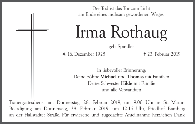  Traueranzeige für Irma Rothaug vom 26.02.2019 aus MGO